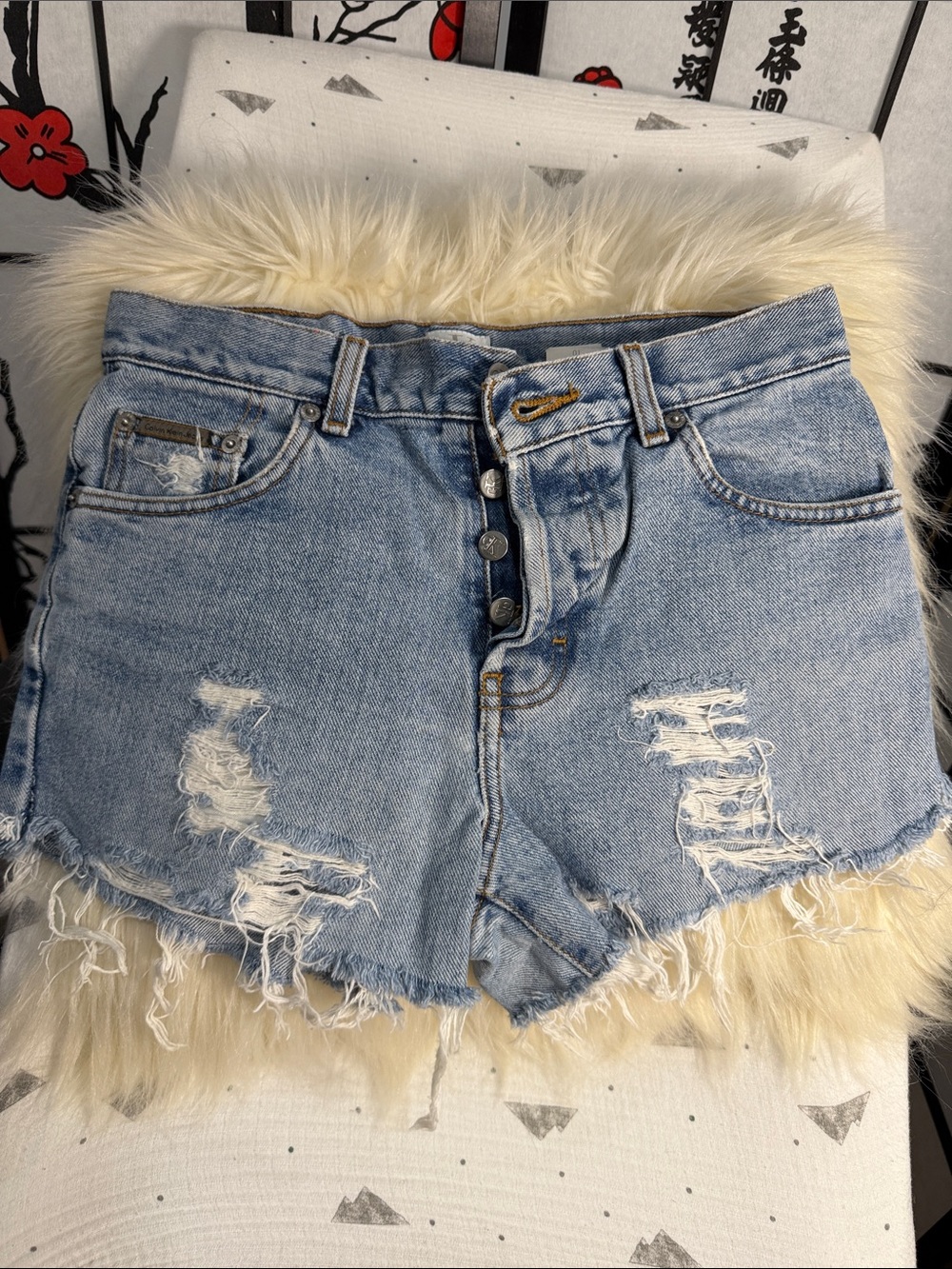 Calvin Klein Jeans Light Blue Distressed High-Rise Denim Shorts